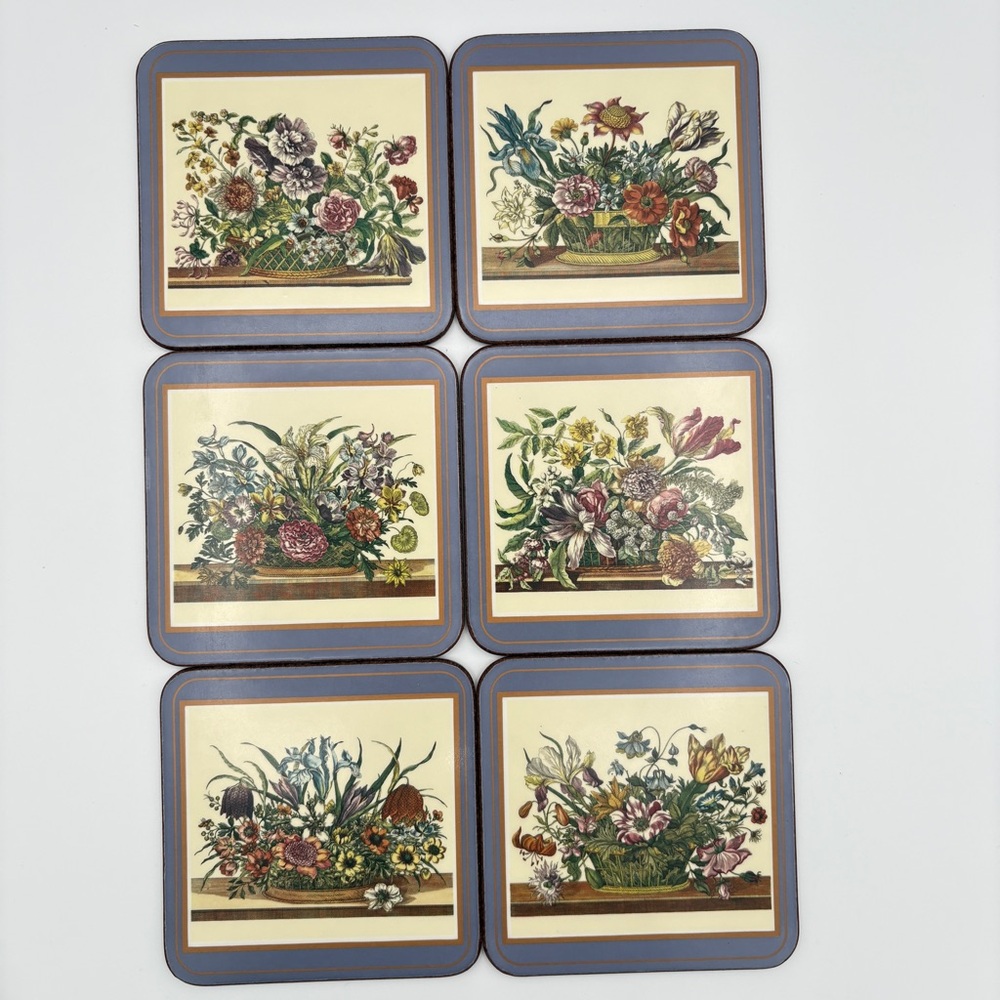 Pimpernel Set of Six Cork Backed Coasters - Floral Array Pattern Blue Background